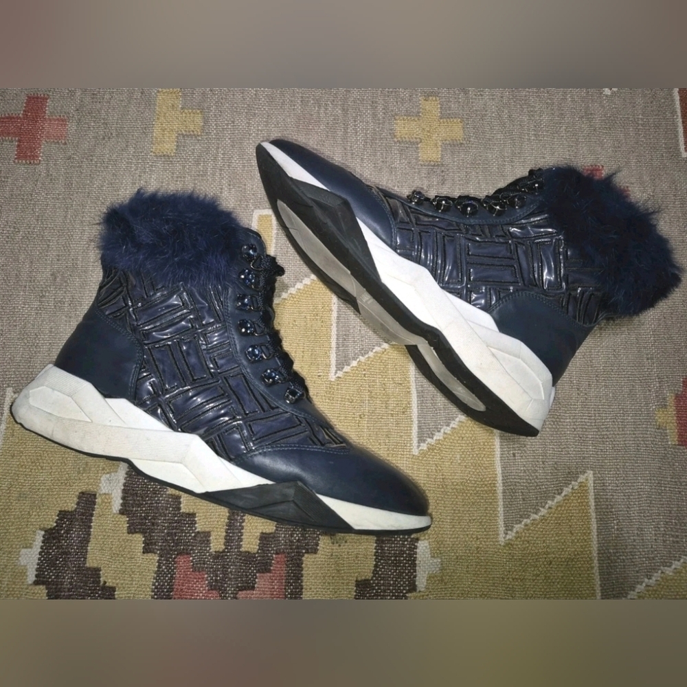 🔥Loriblu Italy Luxe Embellished Navy Leather High-Top Sneaker 38 EU Women's
